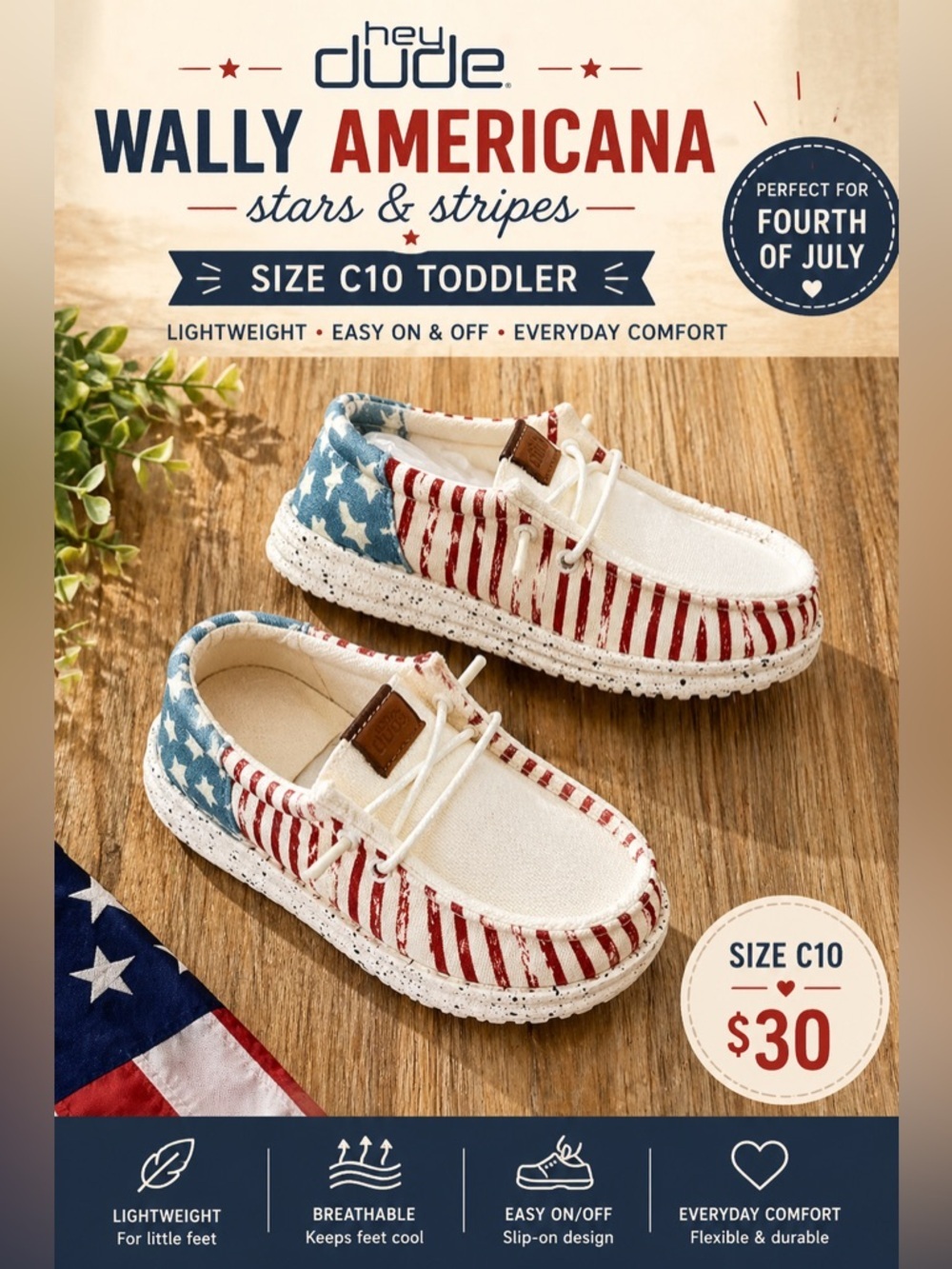 Hey Dude Wally Americana Stars & Stripes Slip On Shoes Size C10